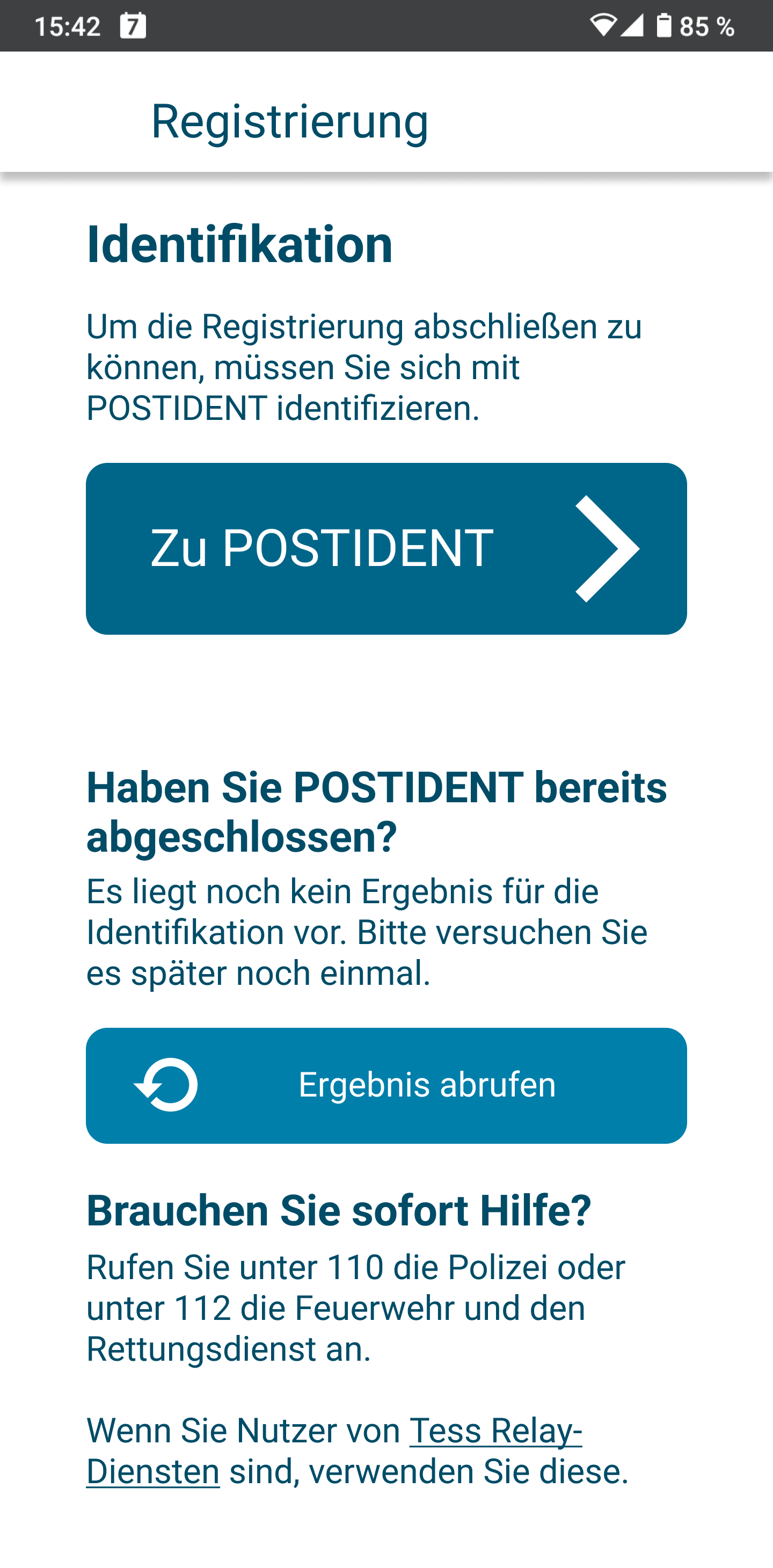 Auf diesem Bildschirm sehen Sie den Button "Zu POSTIDENT". Sie können hier auch das Ergebnis von POSTIDENT abrufen. Das funktioniert nach der Identifikation mit POSTIDENT.